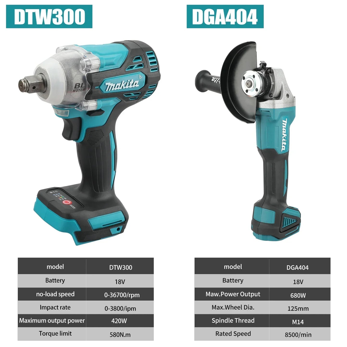 Makita DTW300 + DGA404 Combo: 18V, 580Nm Impact Wrench (3800RPM), 680W Angle Grinder
