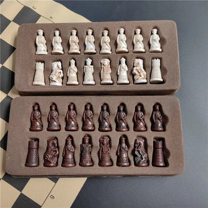 Retro ancient chess trumpet resin chess piece velvet chessboard 28cm/11inch Qing Bing chess figure modeling puzzle Entertainment