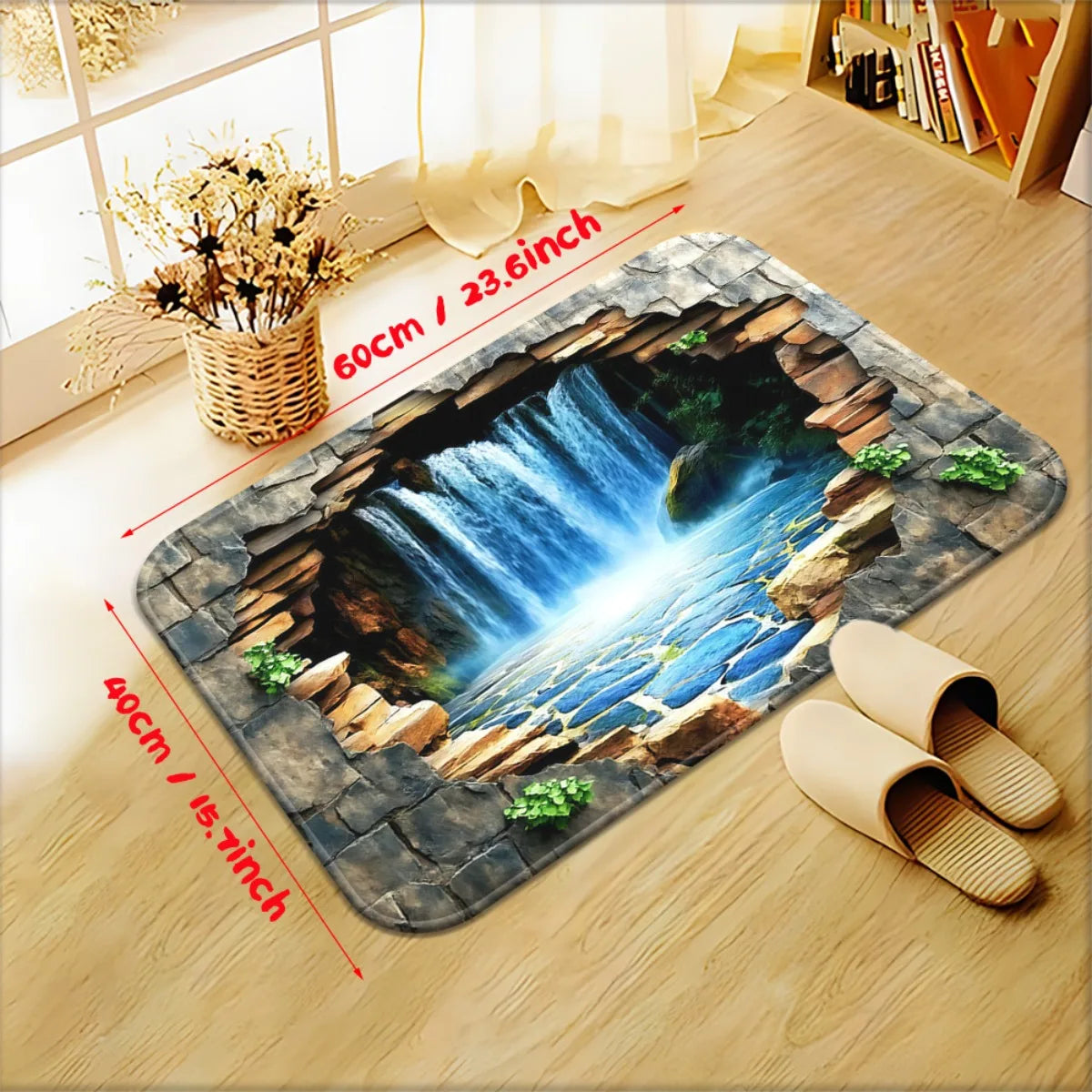 "Waterfall Scene" Doormat – 3D Stone Cave Design with Flowing Water, Non-Slip & Machine Washable for Entryway or Home Decor