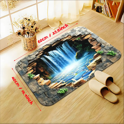 "Waterfall Scene" Doormat – 3D Stone Cave Design with Flowing Water, Non-Slip & Machine Washable for Entryway or Home Decor