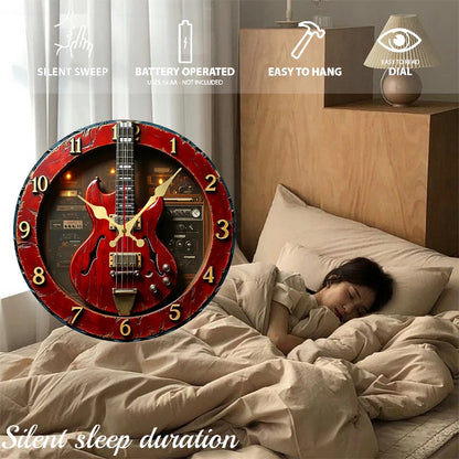 Vintage Guitar Wooden Round Silent Hanging Wall Clock,