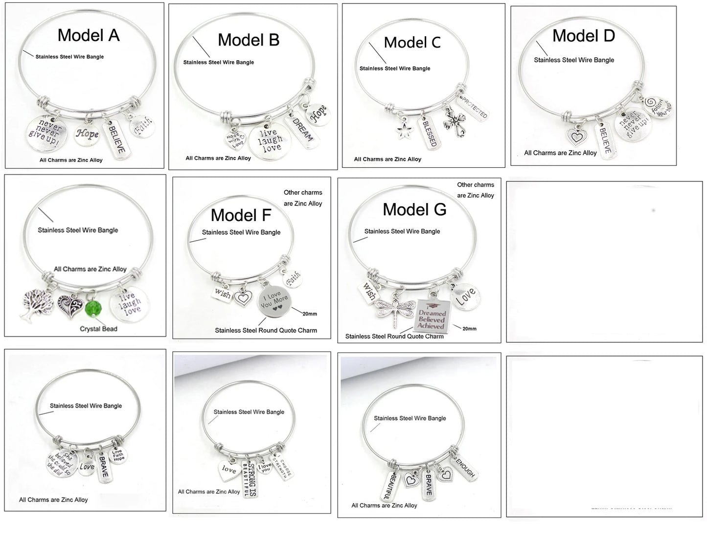 Inspiration Bracelet Stainless Steel Bangle Alloy never give up Hope Faith Believe Charm Bracelet Bangles For Women Gift Pulsera