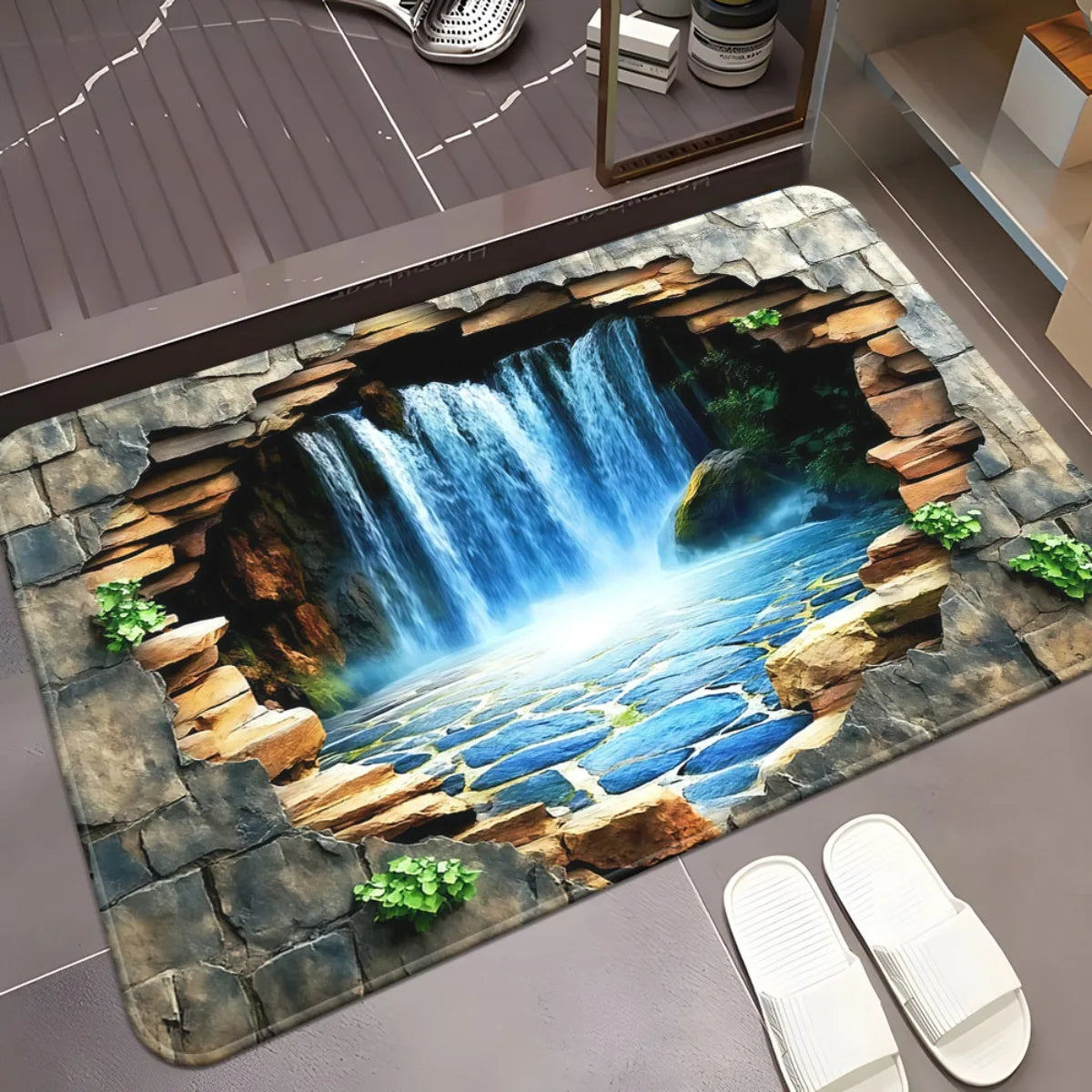 "Waterfall Scene" Doormat – 3D Stone Cave Design with Flowing Water, Non-Slip & Machine Washable for Entryway or Home Decor