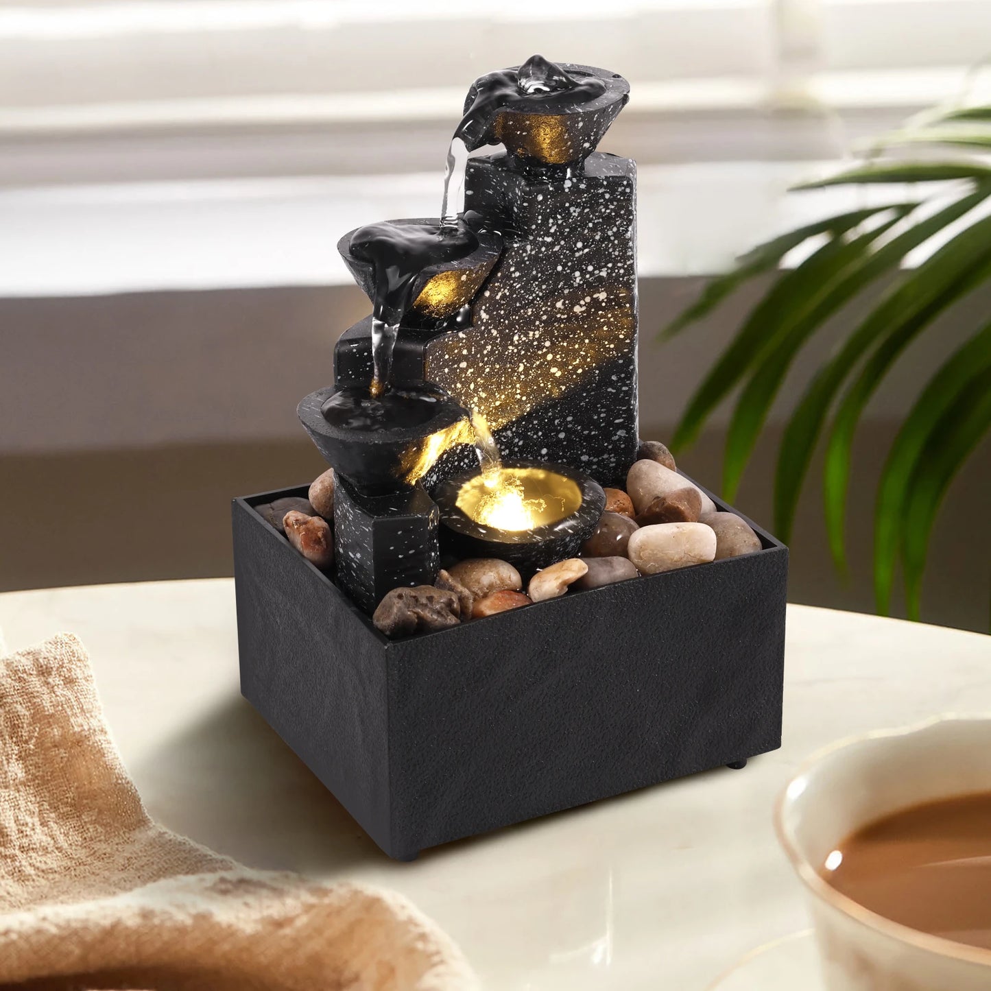 Tabletop Waterfall Home Decor Relaxation Meditation Desktop Fountain with Soft Lights Flowing Water Ornaments
