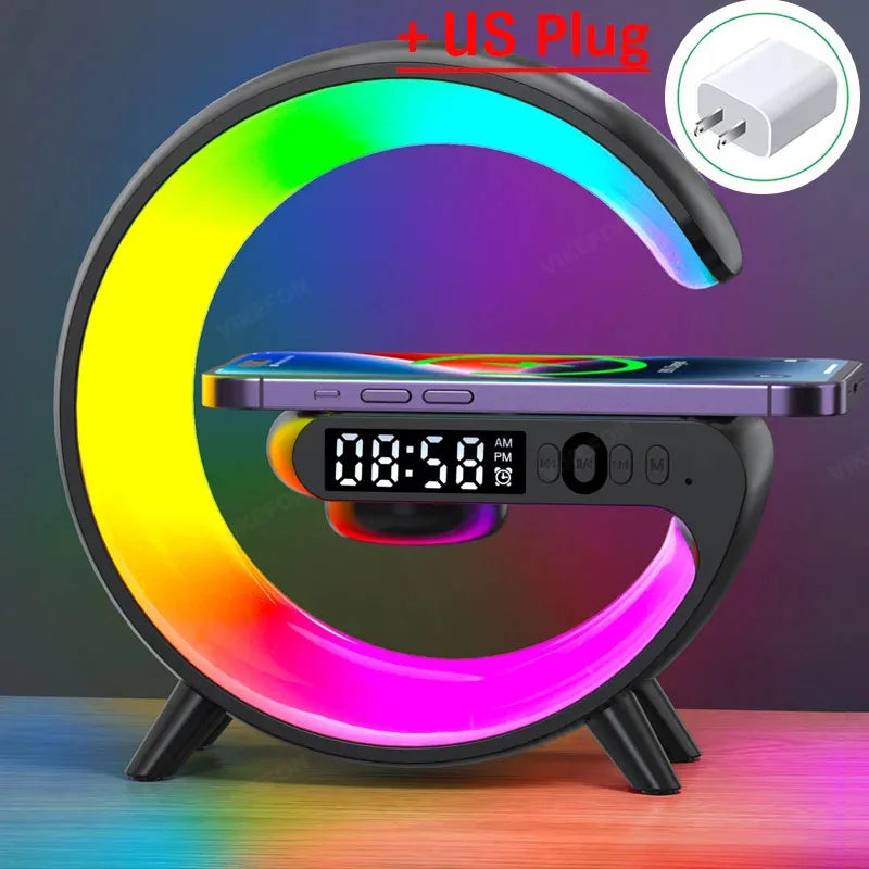 Multifunction Wireless Charger Stand Pad RGB Light Alarm Clock Speaker Fast Charging Dock Station