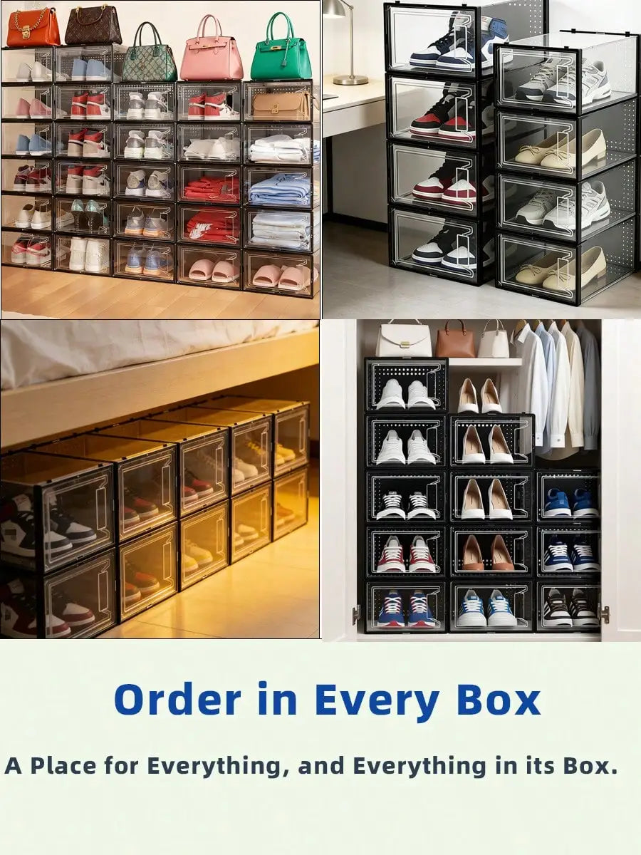 12-Pack Clear Stackable Shoe Boxes - Plastic, Black, For Closet/Entryway/Under Bed, Also For Toy Storage