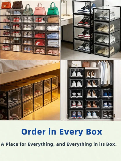 12-Pack Clear Stackable Shoe Boxes - Plastic, Black, For Closet/Entryway/Under Bed, Also For Toy Storage