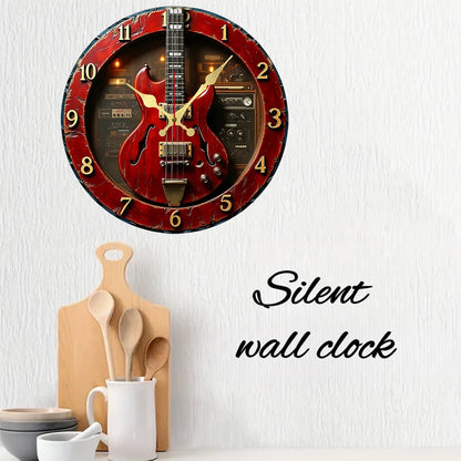 Vintage Guitar Wooden Round Silent Hanging Wall Clock,