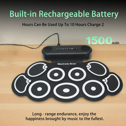 Electronic Drum Set, 9-Piece Rolled Up Electric Drum Pad Set, with Headphone Jack, 10 Hours of Playback Time, Built-In Speaker,
