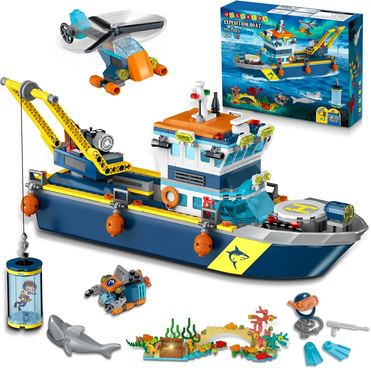 HOGOKIDS Floatable Boat Building Set with LED-Fun Arctic Explorer Ship with Helicopter Sub Shark Cage Birthday Gift for 6+kids