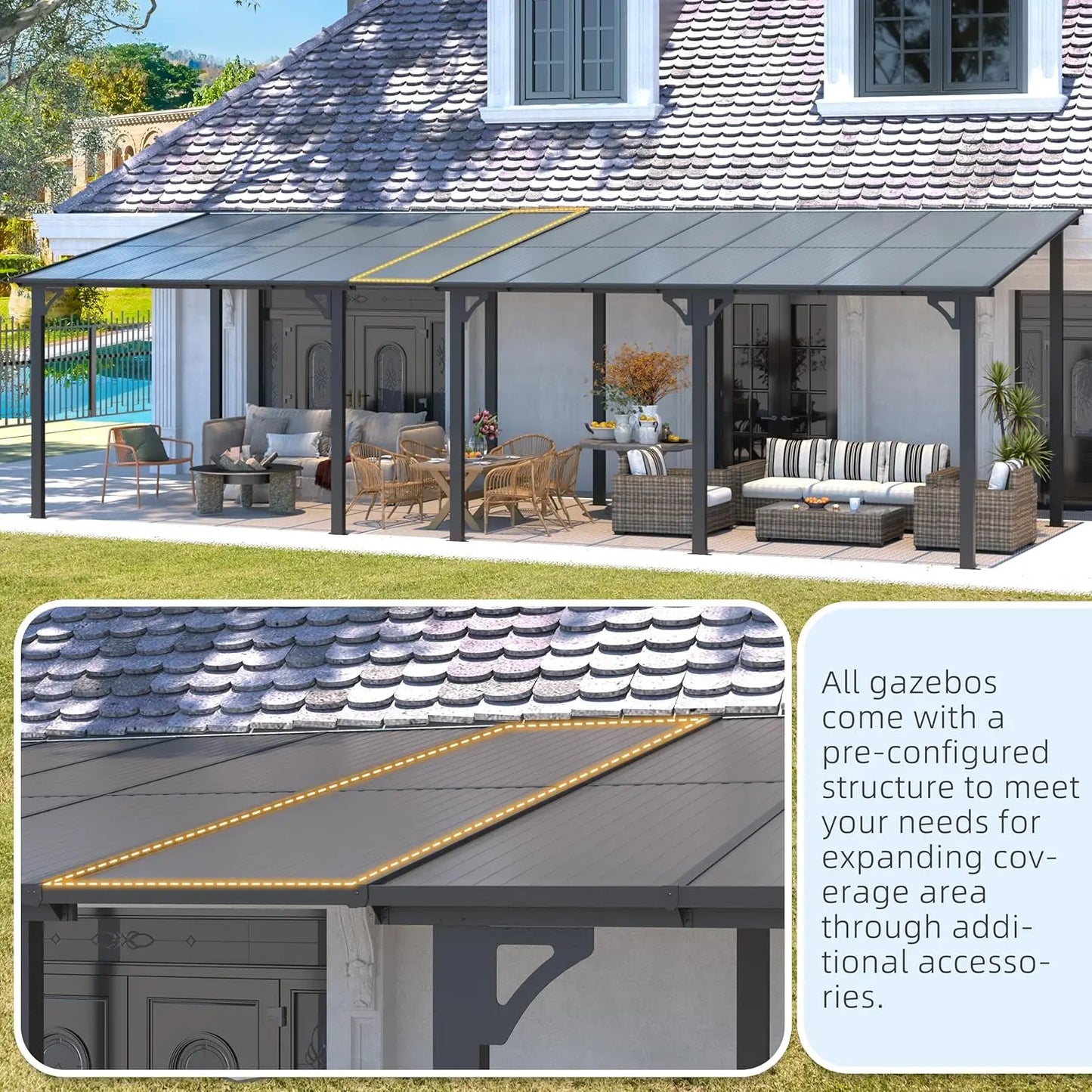 14' x 10' Gazebo for Patio, Hard Top Lean to Gazebo Pergola with Roof (140 Sq.Ft Shaded), Large Wall-Mounted Heavy, Customized