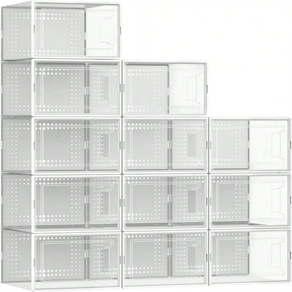 12-Pack Clear Stackable Shoe Boxes - Plastic, Black, For Closet/Entryway/Under Bed, Also For Toy Storage