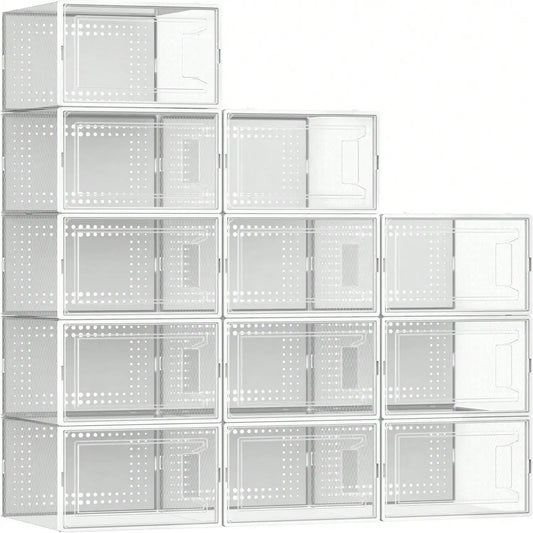 12-Pack Clear Stackable Shoe Boxes - Plastic, Black, For Closet/Entryway/Under Bed, Also For Toy Storage