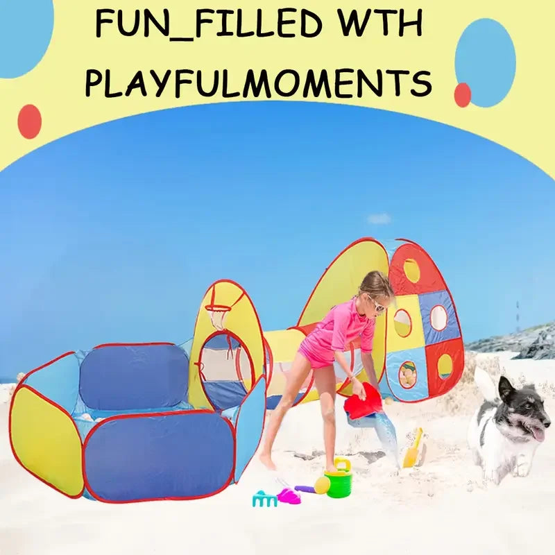 A Tent Playhouse Suitable For Indoor And Outdoor Use, Complete With A Tunnel, Ball Pool, And Fence,