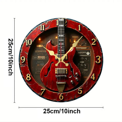 Vintage Guitar Wooden Round Silent Hanging Wall Clock,