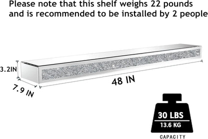 SHYFOY Crystal Fireplace Mantel Mirrored, 48" Glass Floating Mantel Shelf