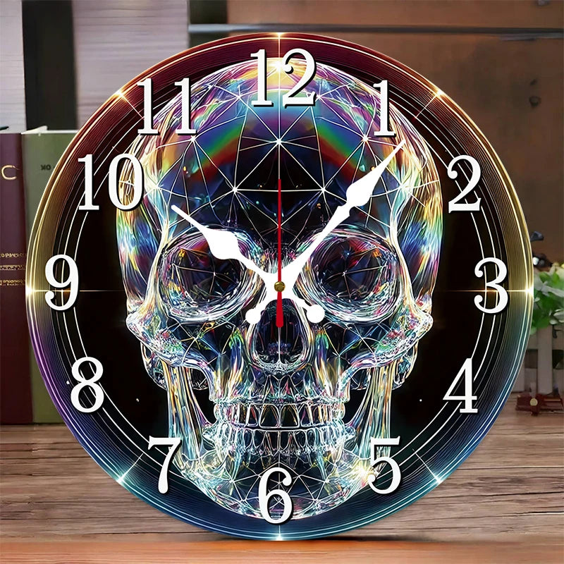 Rustic Gothic Skull Wooden Round Silent Hanging Wall Clock, Home Decoration