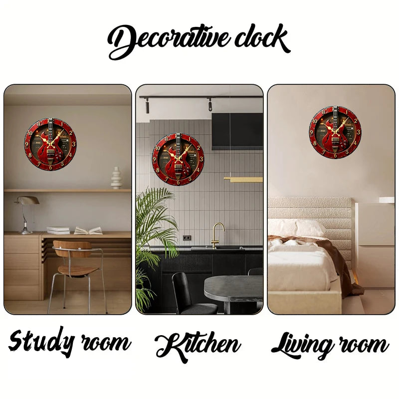 Vintage Guitar Wooden Round Silent Hanging Wall Clock,