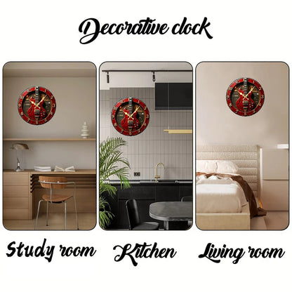 Vintage Guitar Wooden Round Silent Hanging Wall Clock,