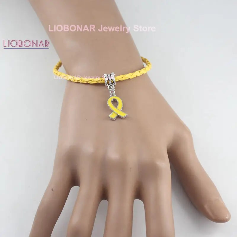 10PCS Lot Wholesale Breast Cancer Yellow Pink Ribbon Charm PU Braid Leather Bracelets For Women Jewelry Awareness Pulsera