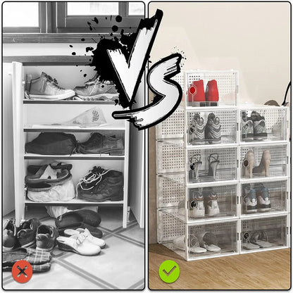12-Pack Transparent Plastic Stackable Shoe Storage Boxes for Closet Linked Design Sports Shoe Organizers Foldable Shoe Racks
