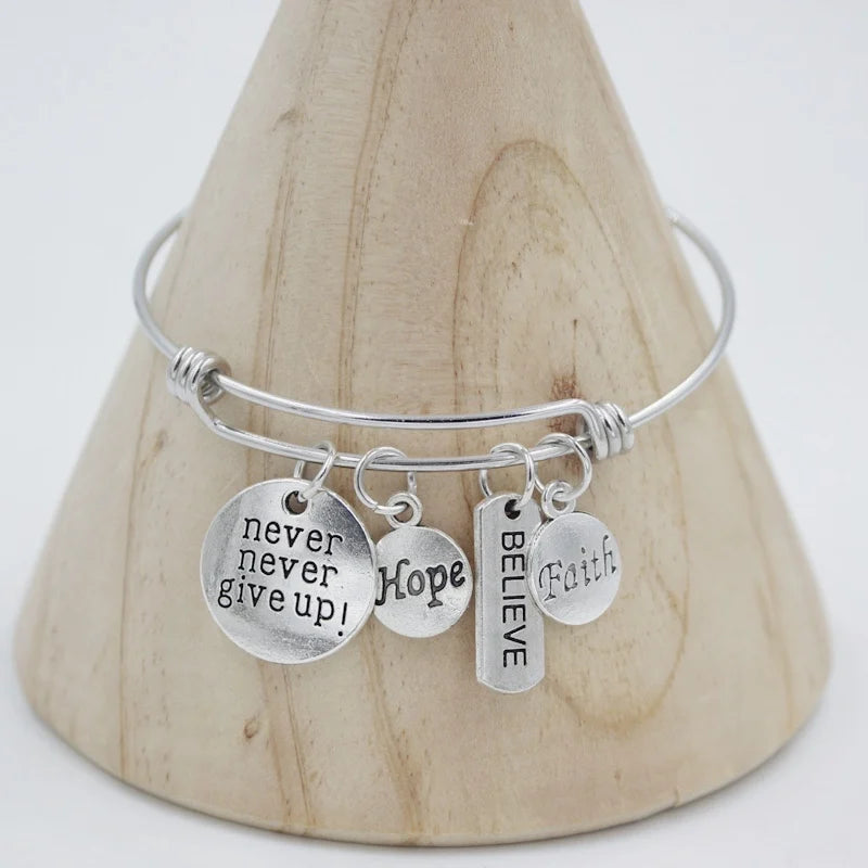 Inspiration Bracelet Stainless Steel Bangle Alloy never give up Hope Faith Believe Charm Bracelet Bangles For Women Gift Pulsera