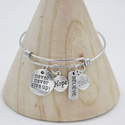 Inspiration Bracelet Stainless Steel Bangle Alloy never give up Hope Faith Believe Charm Bracelet Bangles For Women Gift Pulsera