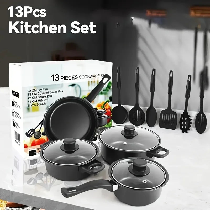 13-Piece Nonstick Cookware Set Black - Induction Compatible Pot Pan Set with Frying Pan & Utensils