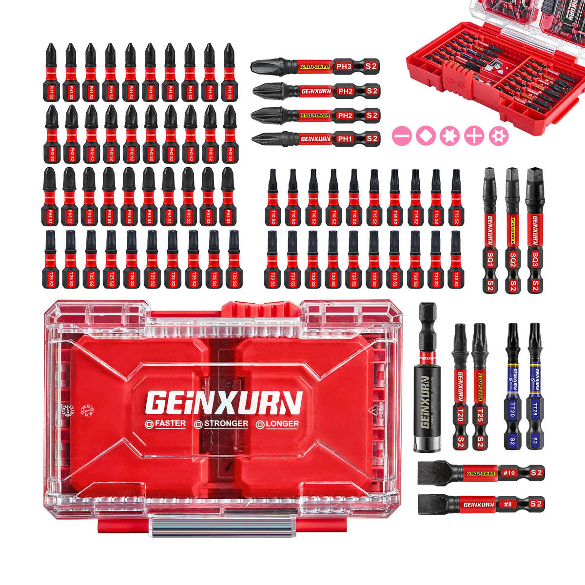 Geinxurn 74Pcs Impact Screwdriver Bits Set, Magnetic S2 Steel Mixed Insert Power Bits Tips,Bit Holder with Red Storage Box Case