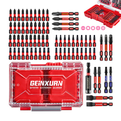 Geinxurn 74Pcs Impact Screwdriver Bits Set, Magnetic S2 Steel Mixed Insert Power Bits Tips,Bit Holder with Red Storage Box Case