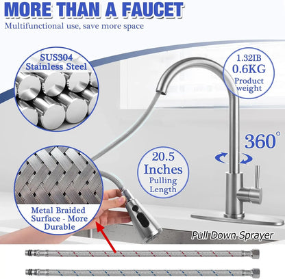 Stainless Steel Pull-Down Kitchen Faucet with Spray, Single Handle for 1-Hole Sink, Durable and Easy Install