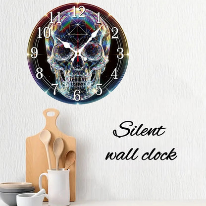 Rustic Gothic Skull Wooden Round Silent Hanging Wall Clock, Home Decoration