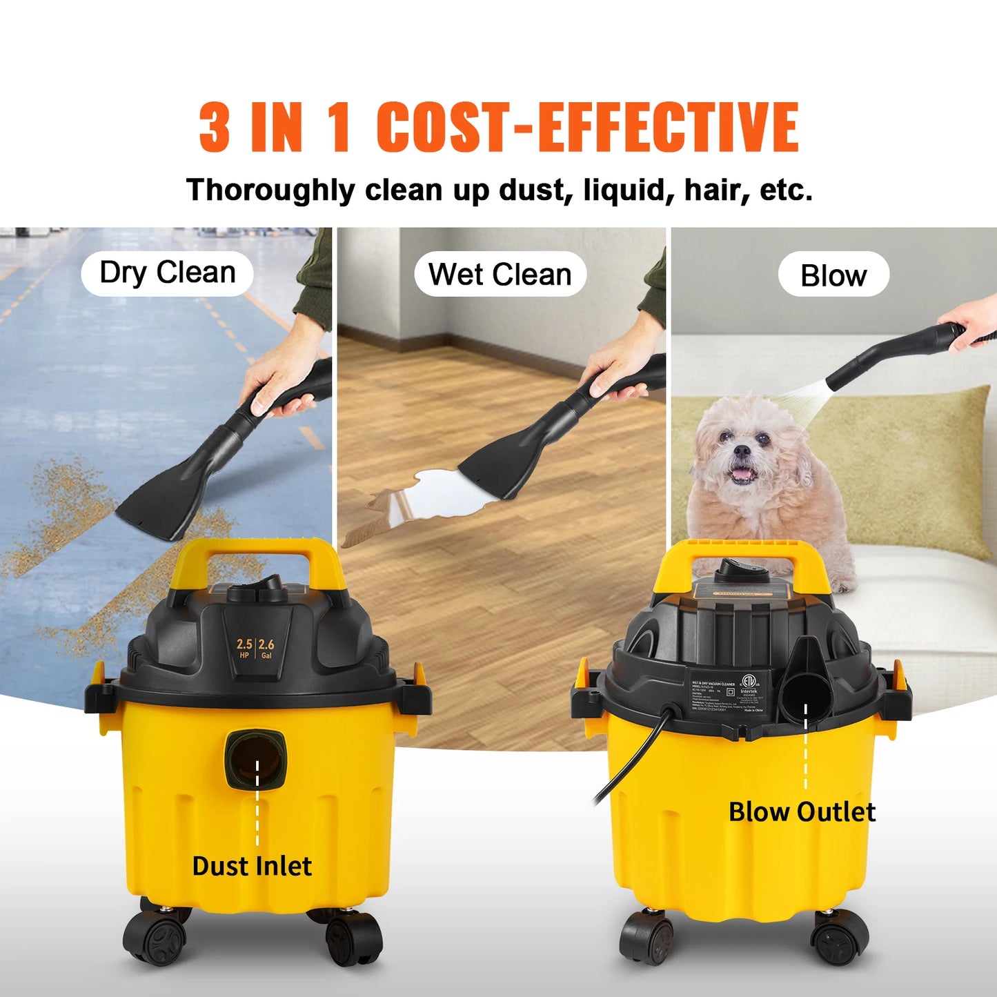 SucceBuy Wet Dry Vac 2.6 Gallon 2.5 Peak HP 3 in 1 Portable Shop Vacuum with Blowing Function  Attachment
