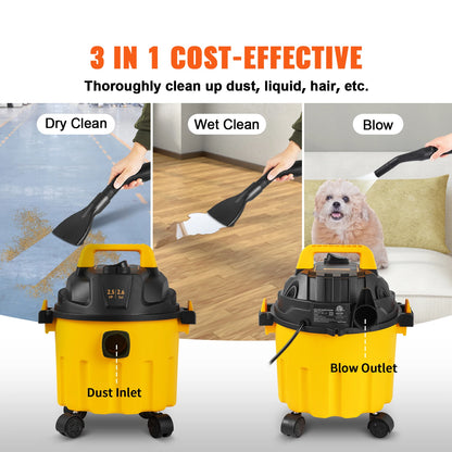 SucceBuy Wet Dry Vac 2.6 Gallon 2.5 Peak HP 3 in 1 Portable Shop Vacuum with Blowing Function  Attachment