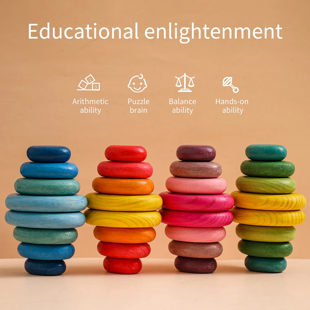 Wooden Montessori Toy Rainbow Stacked Stone Toy BO BPA Colorful Baby Education Sensory Balance Game Building Block Toy Baby Gift