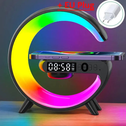 Multifunction Wireless Charger Stand Pad RGB Light Alarm Clock Speaker Fast Charging Dock Station