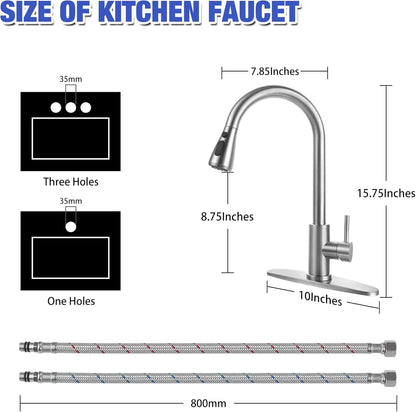 Stainless Steel Pull-Down Kitchen Faucet with Spray, Single Handle for 1-Hole Sink, Durable and Easy Install