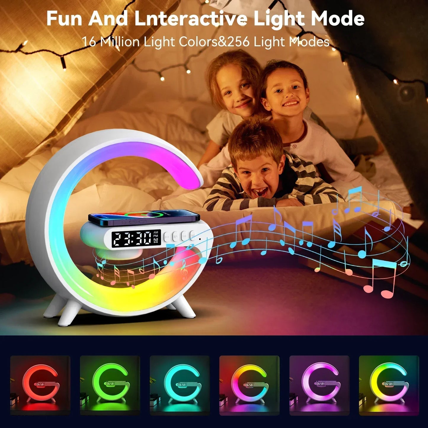 Multifunction Wireless Charger Stand Pad RGB Light Alarm Clock Speaker Fast Charging Dock Station