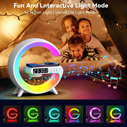 Multifunction Wireless Charger Stand Pad RGB Light Alarm Clock Speaker Fast Charging Dock Station