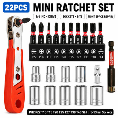 22PCS Mini Ratchet Screwdriver Set, 1/4 Inch Right Angle Ratchet Wrench with Sockets and Bits, Compact Repair Tool Kit for Tight Spaces