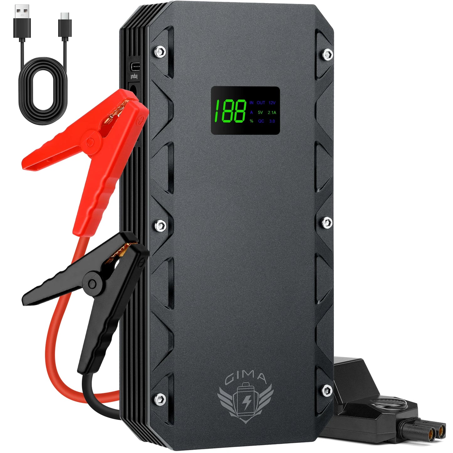 12000mA 12V Car Battery Booster Pack with Smart Safety Clamps 1200A Peak Jump Starter  QC USB Power Bank, Emergency SOS LED Li