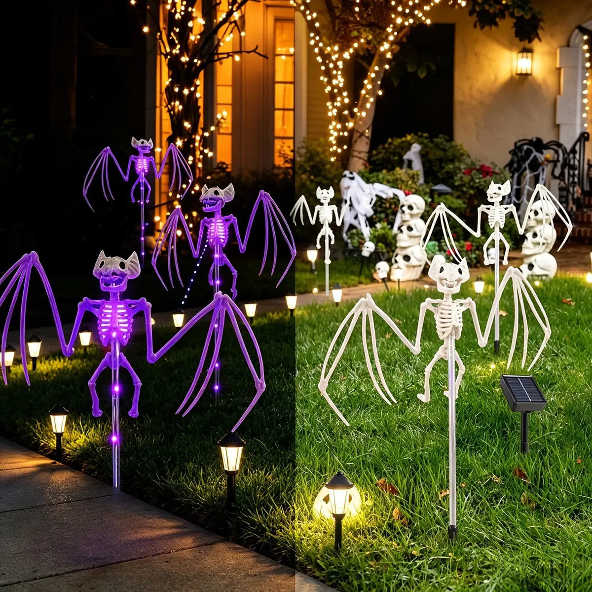 Halloween Decorations Outdoor Solar Garden Lights 2PC 3D Scary Bats Skeleton Waterproof Purple Orange LED Lights