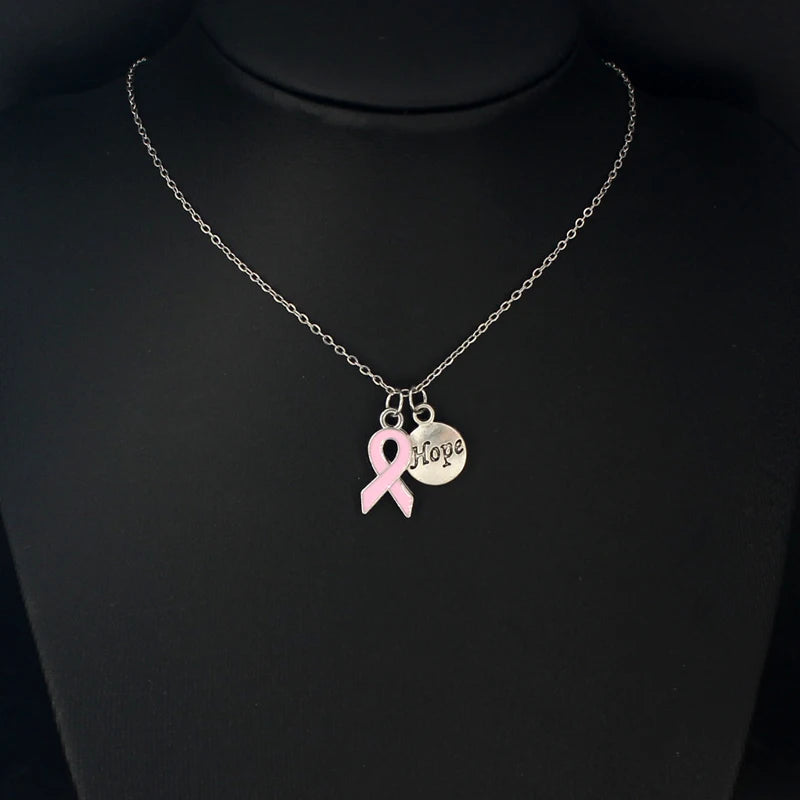 10PCS Lot Stainless Steel Chain with Yellow Pink Ribbon Hope Pendant Necklace Breast Cancer Awareness Jewelry