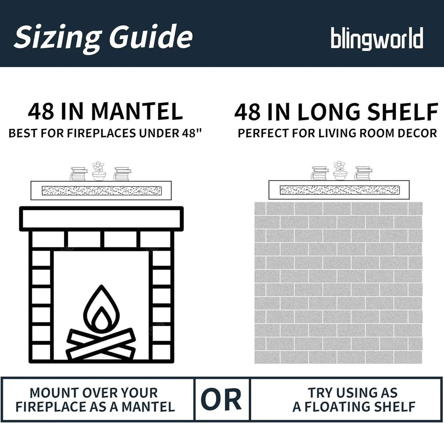 SHYFOY Crystal Fireplace Mantel Mirrored, 48" Glass Floating Mantel Shelf