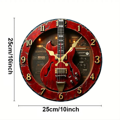 Vintage Guitar Wooden Round Silent Hanging Wall Clock,