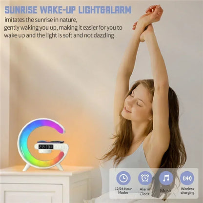 Multifunction Wireless Charger Stand Pad RGB Light Alarm Clock Speaker Fast Charging Dock Station