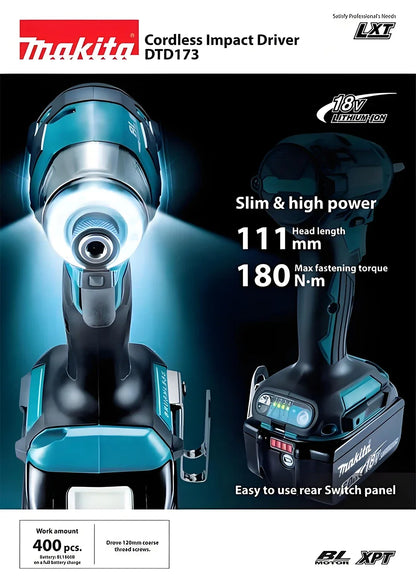 2025 Makita DTD173 bule 18v Brushless Lithium-ion Impact Driver Power Tool Multifunctional Tool, Drill Bit
