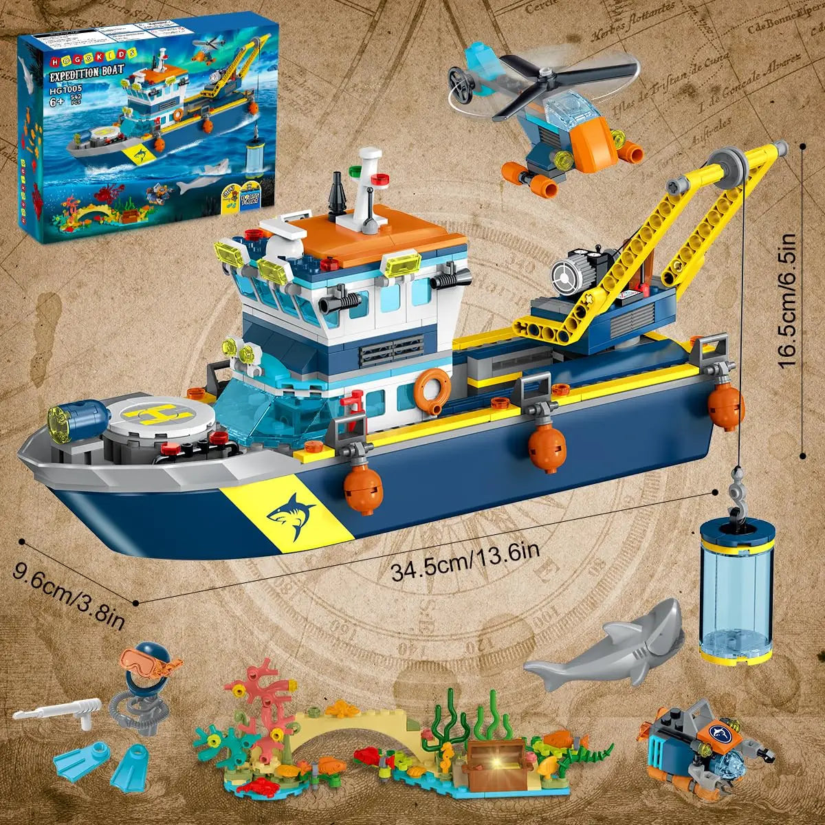 HOGOKIDS Floatable Boat Building Set with LED-Fun Arctic Explorer Ship with Helicopter Sub Shark Cage Birthday Gift for 6+kids