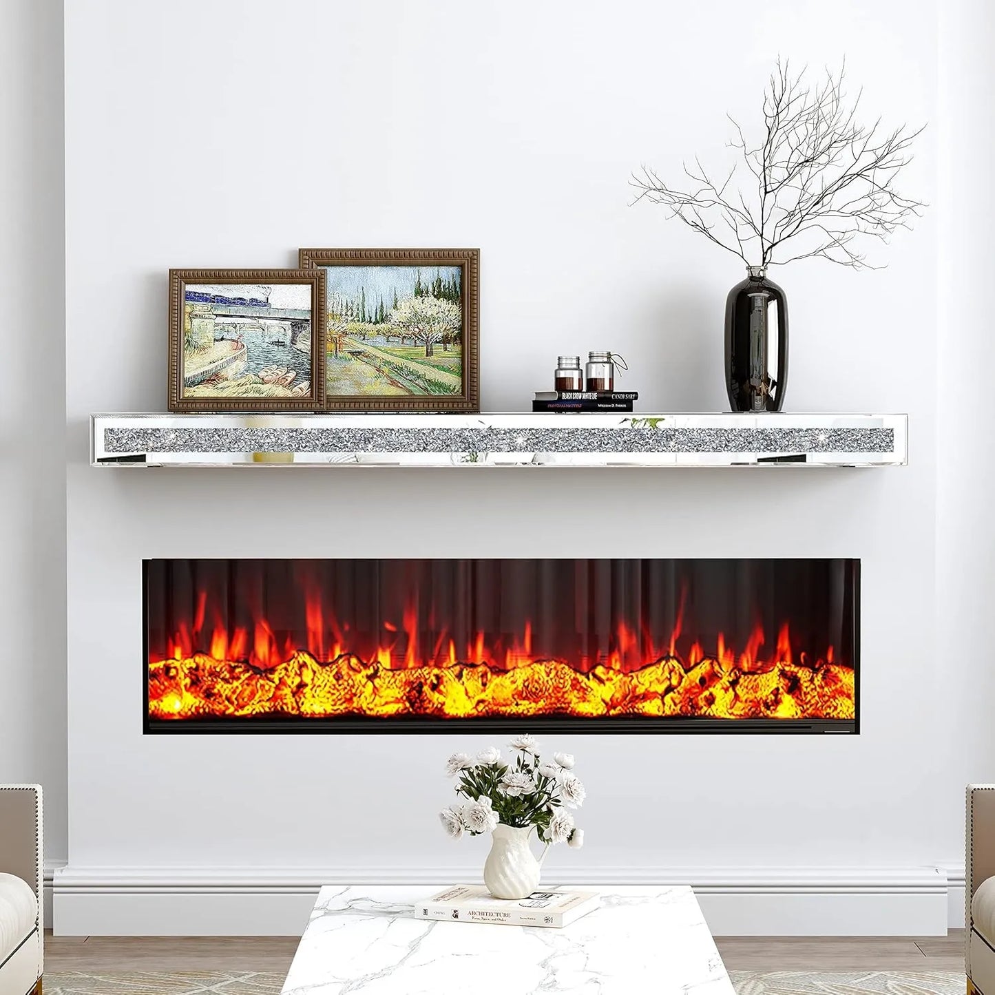 SHYFOY Crystal Fireplace Mantel Mirrored, 48" Glass Floating Mantel Shelf