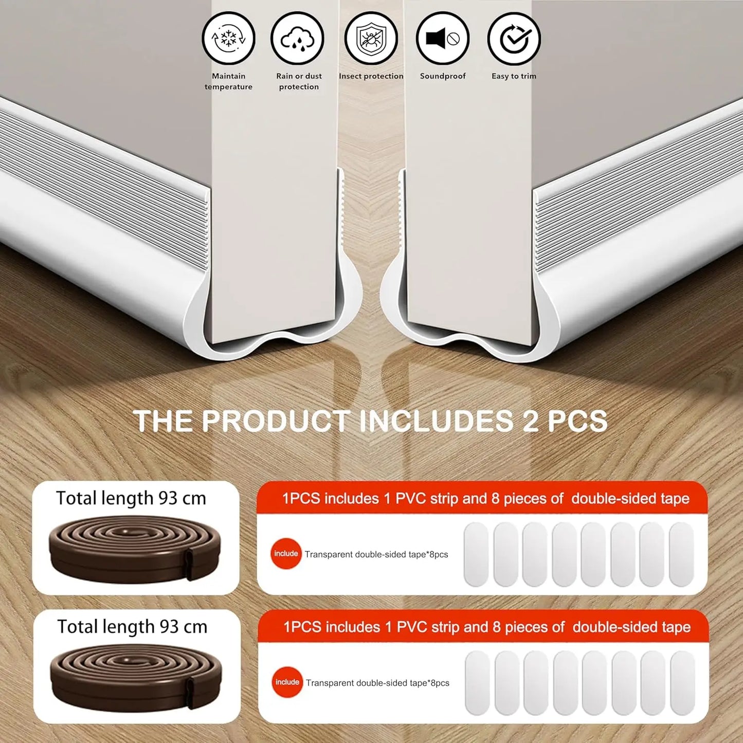 1 Pcs Door Draft Stopper, 93cm Long PVC with Double Chambers, Soundproof & Weather Seal for Gaps 0.2-1.5cm, 4 Colors